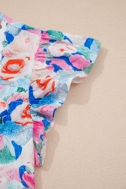 Pink Floral Print Tie V Neck Contrast Detail Ruffle Short Sleeve Blouse