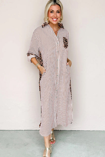 Brown Stripe Contrast Leopard Patchwork Long Shirt Dress with Slits