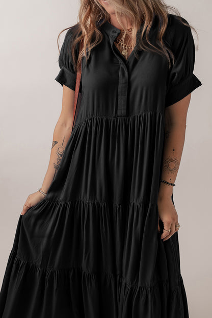 Hidden Buttons Short Sleeve Ruffle Tiered Long Flared Dress