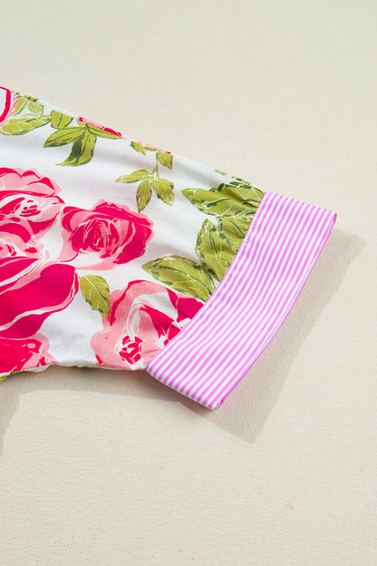 Pink Flower Print Striped Trim Frilled Collar Short Sleeve Shirt