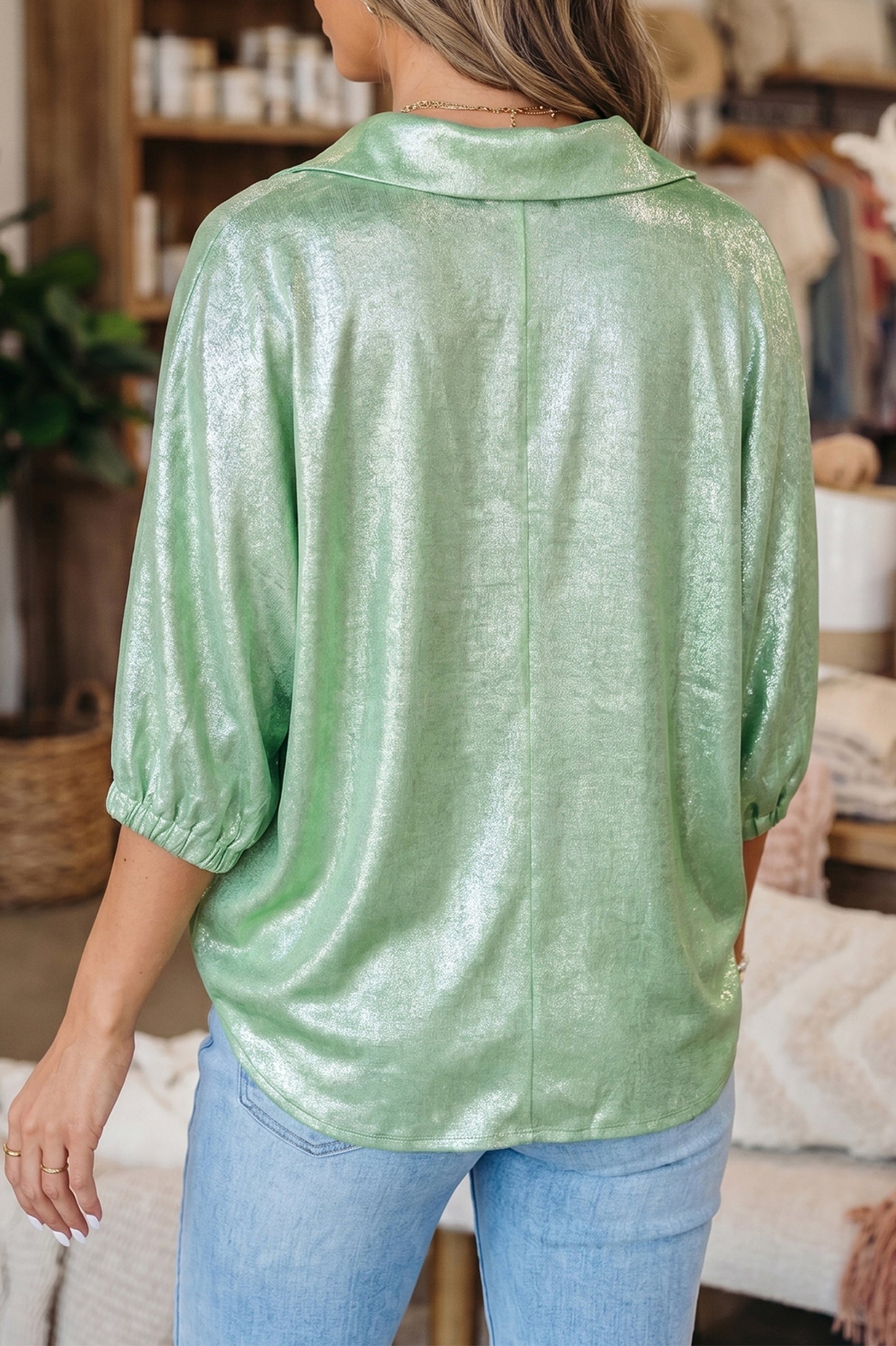 Collared V Neck Half Sleeve Metallic Top