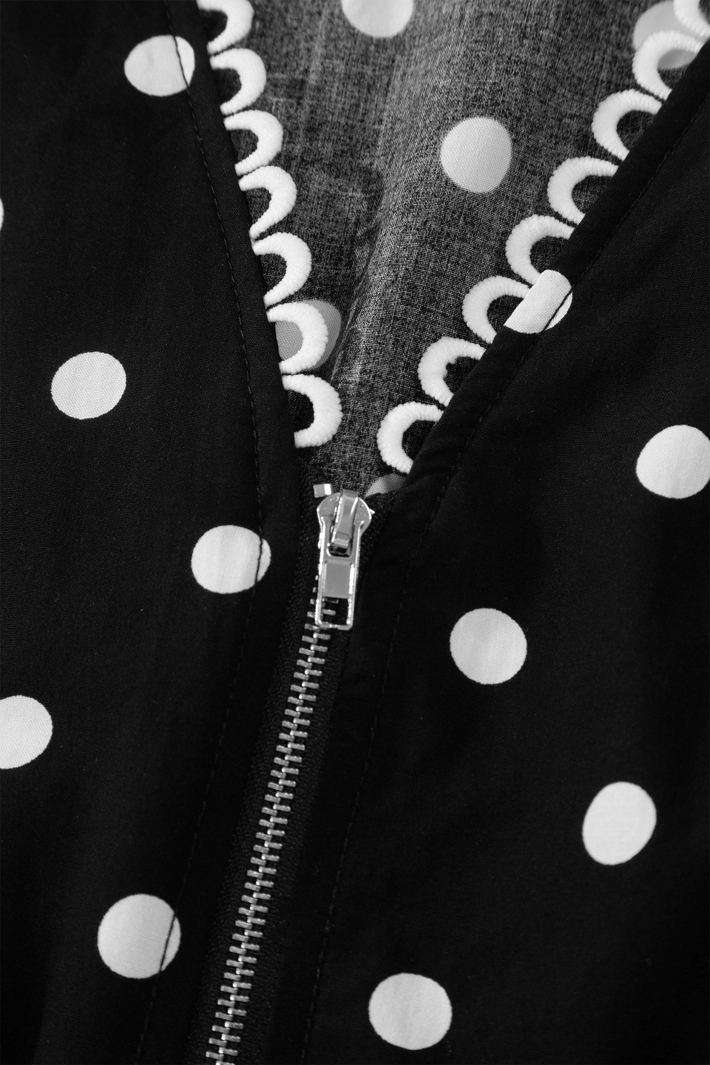 Polka Dot Print Contrast Trim V Neck Zip Up Sleeveless Dress
