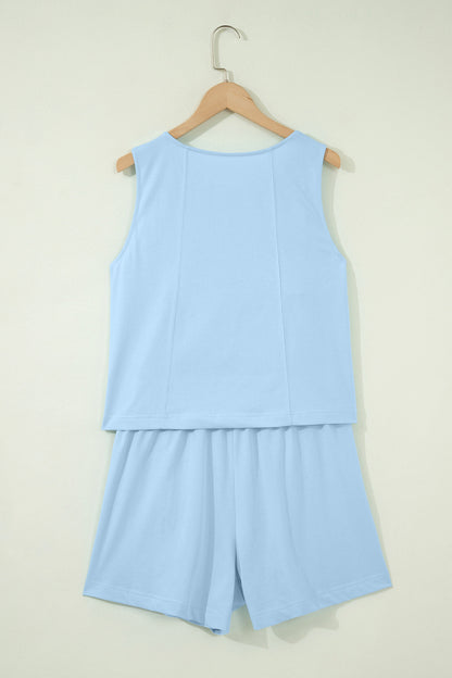 Stitched Detail Loose Tank Top Cotton 2pcs Short Set