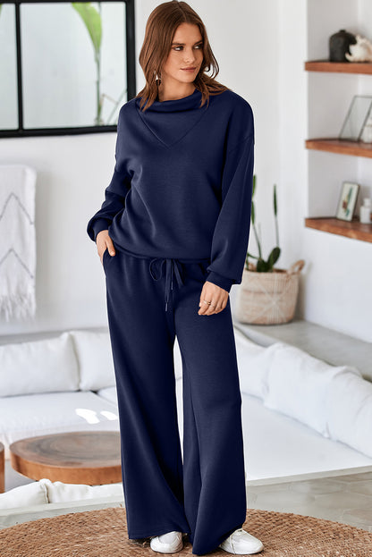 Solid Color Cowl Neck Drawstring Pullover Wide Leg Athleisure Pants Set