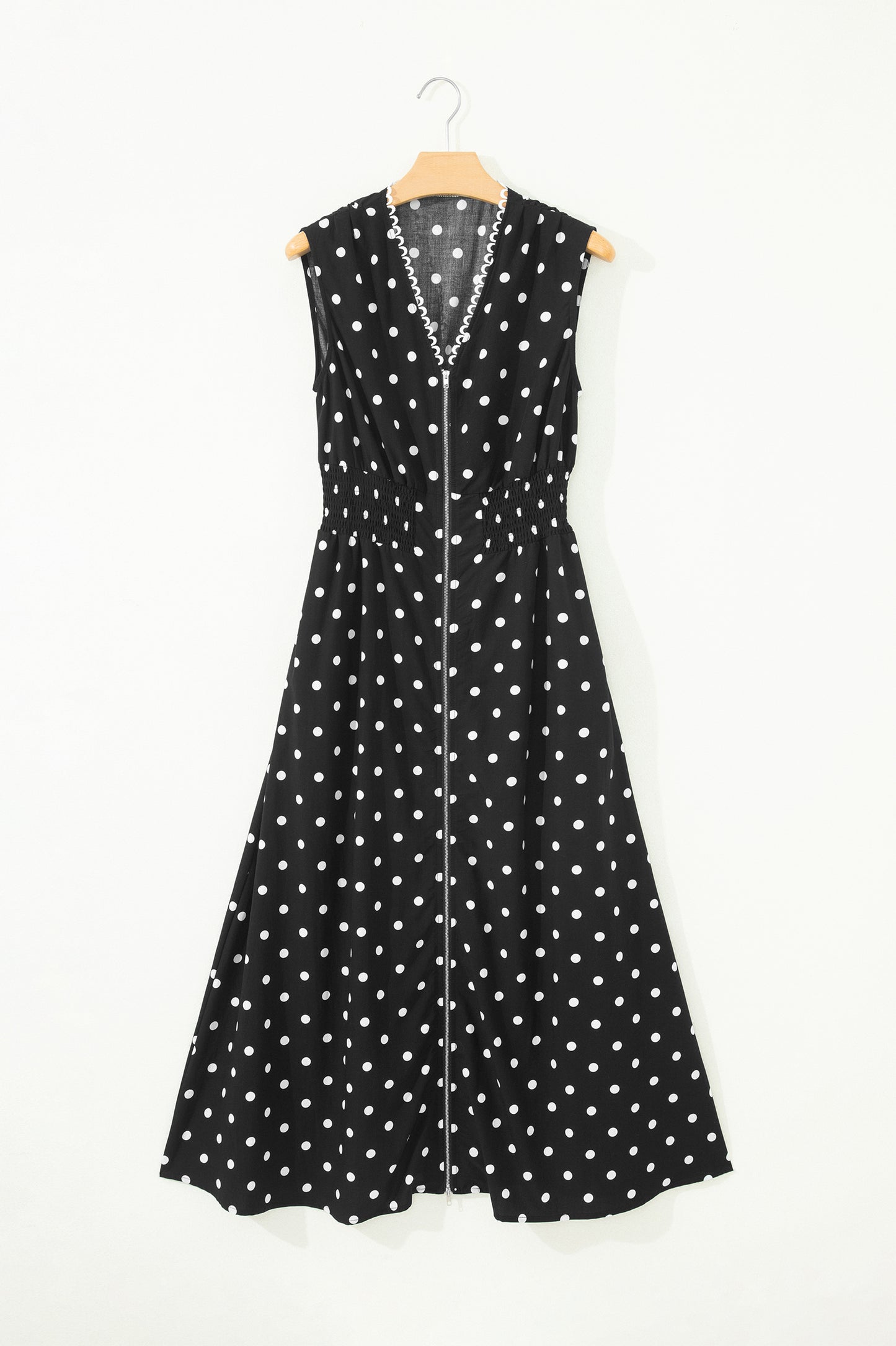 Polka Dot Print Contrast Trim V Neck Zip Up Sleeveless Dress