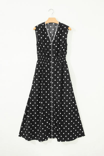 Polka Dot Print Contrast Trim V Neck Zip Up Sleeveless Dress