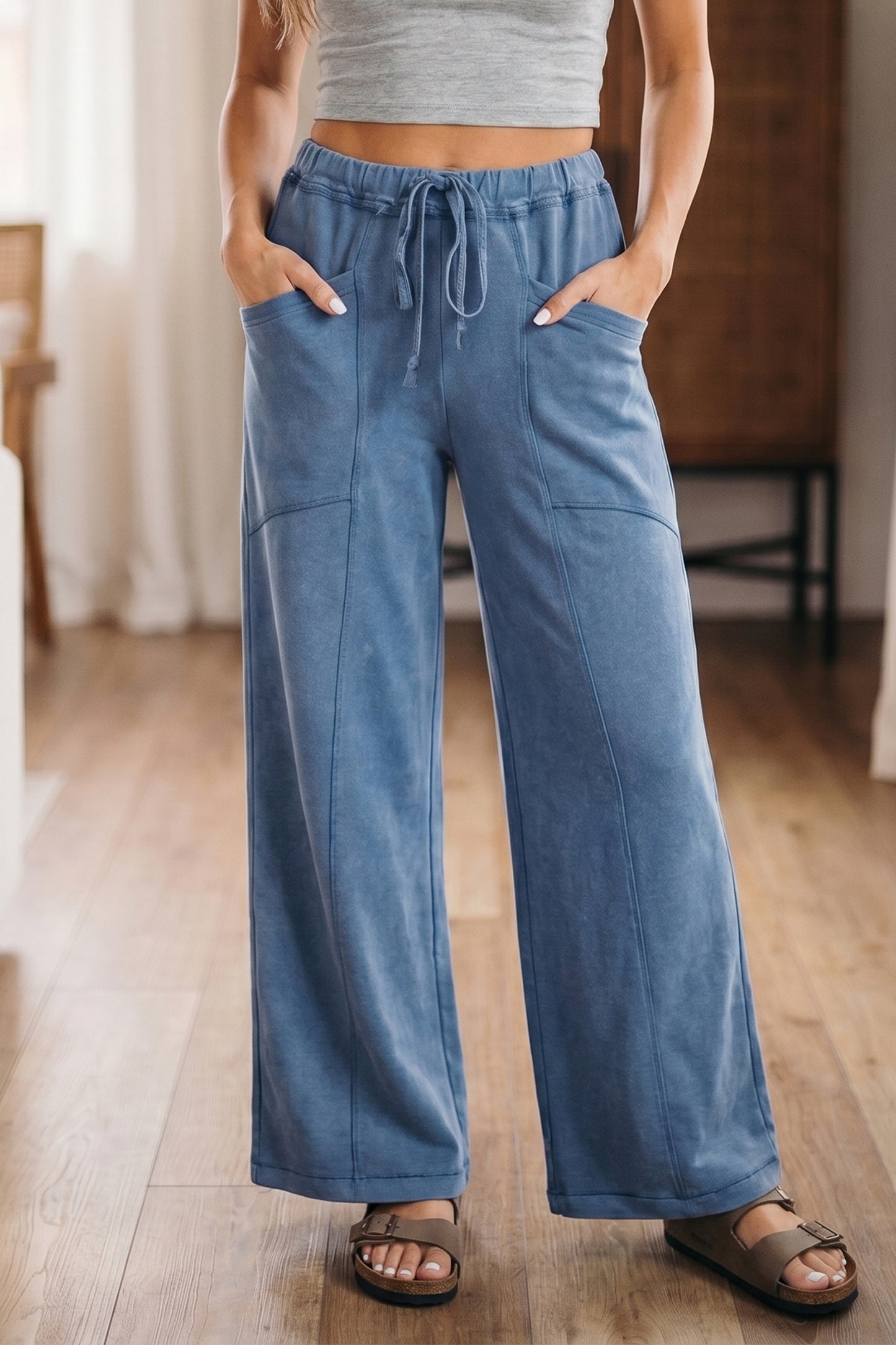 Mineral Wash Drawstring Retro High Waist Wide Leg Western Pants