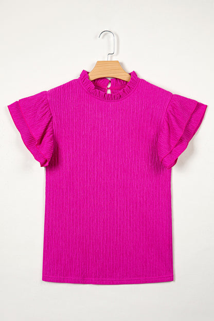 Solid Color Textured Ruffle Trim Short Sleeve Blouse