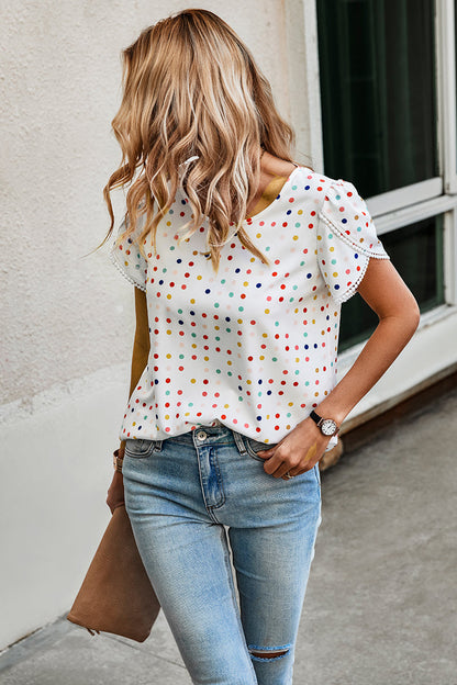 Lace Sleeves Color Polka Dot Scoop Neck Blouse
