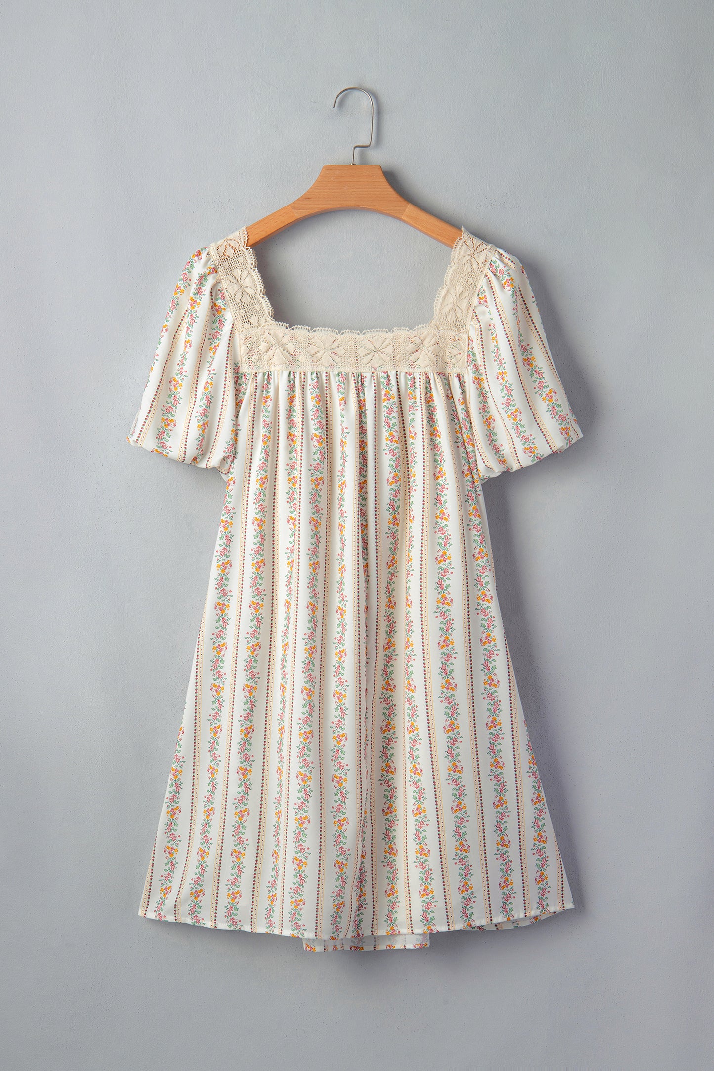 Multicolour Floral Print Contrast Ribbon Bow Lace Trim Square Neck Mini Dress