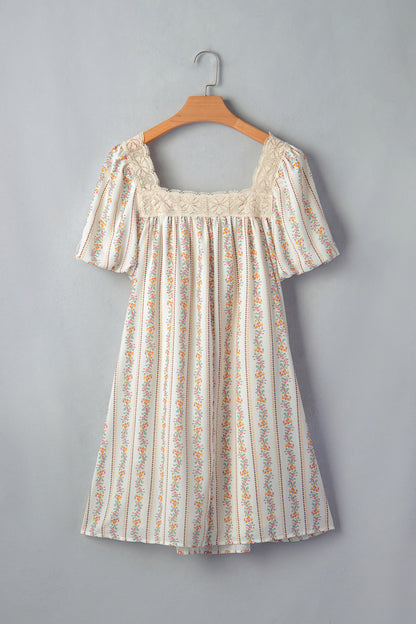 Multicolour Floral Print Contrast Ribbon Bow Lace Trim Square Neck Mini Dress