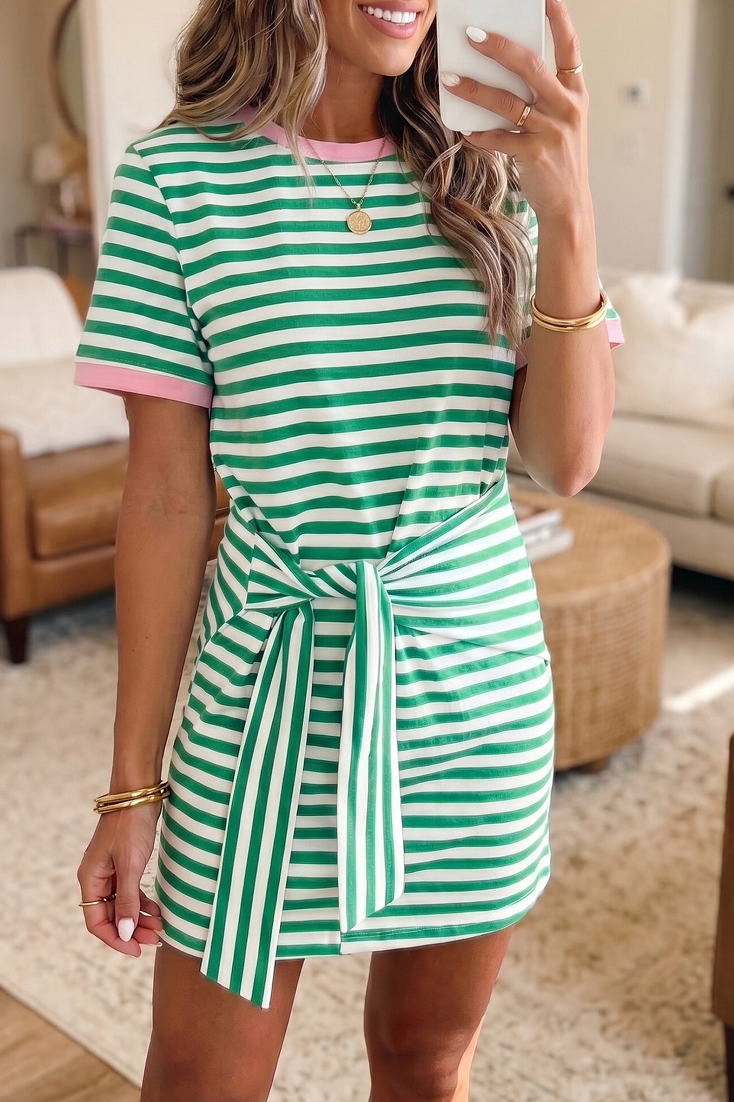 Stripe Nautical Tie Contrast Trim Round Neck T Shirt Mini Dress