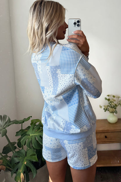 Patchwork Floral Print Drop Shoulder Baggy Pullover Drawstring Shorts Set