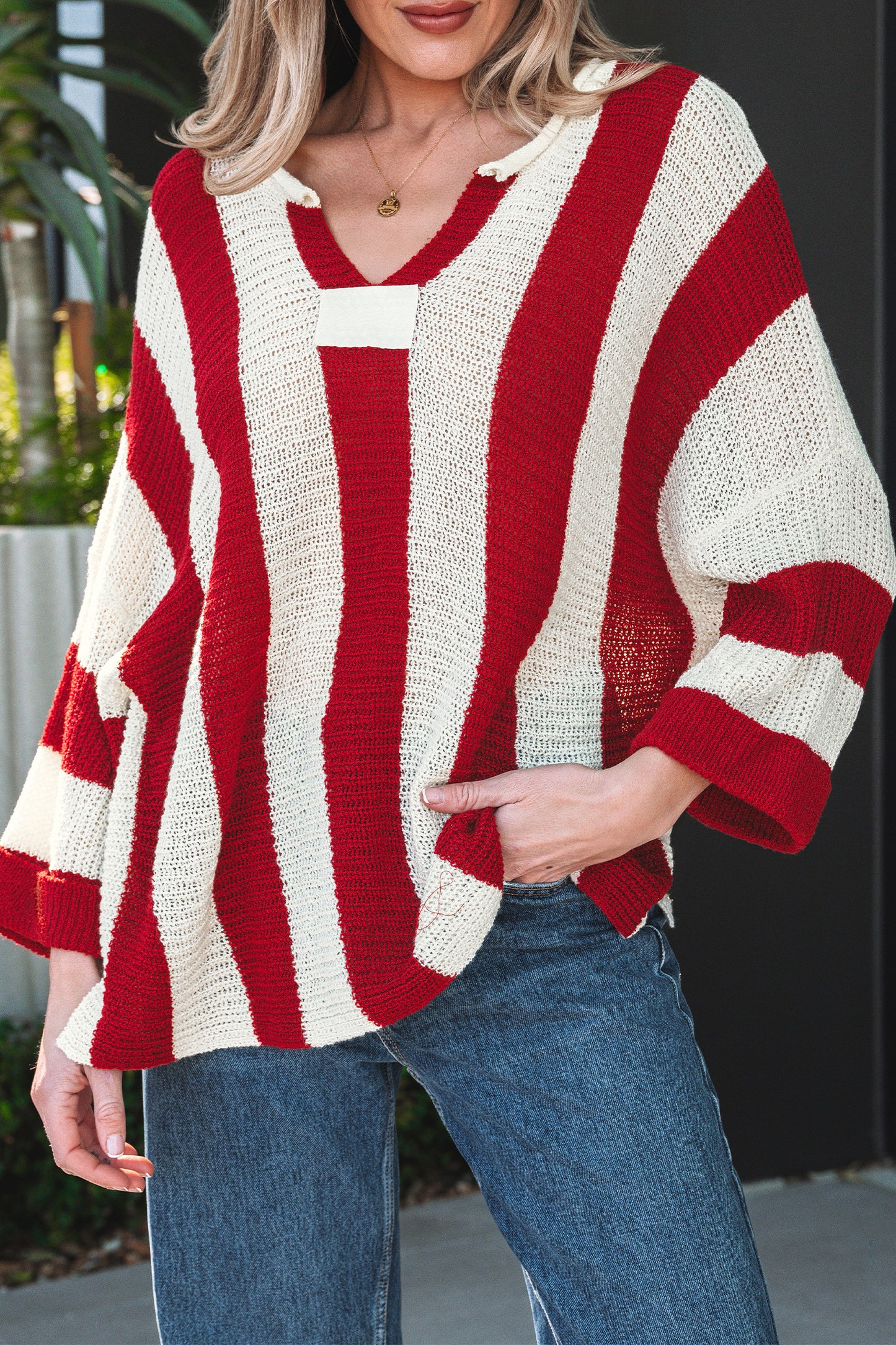 Brown Stripe Colorblock V Neck Bracelet Sleeve Sweater