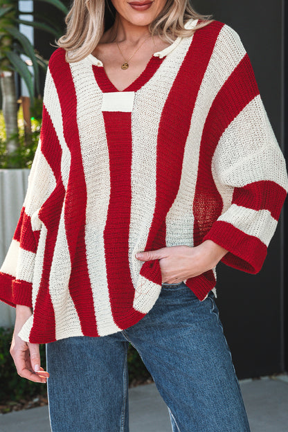 Brown Stripe Colorblock V Neck Bracelet Sleeve Sweater