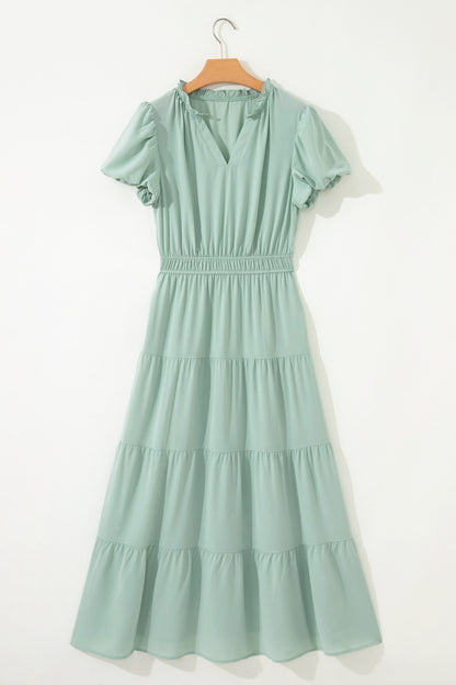 Solid Color V Neck Short Puff Sleeve High Waist Tiered Maxi Dress