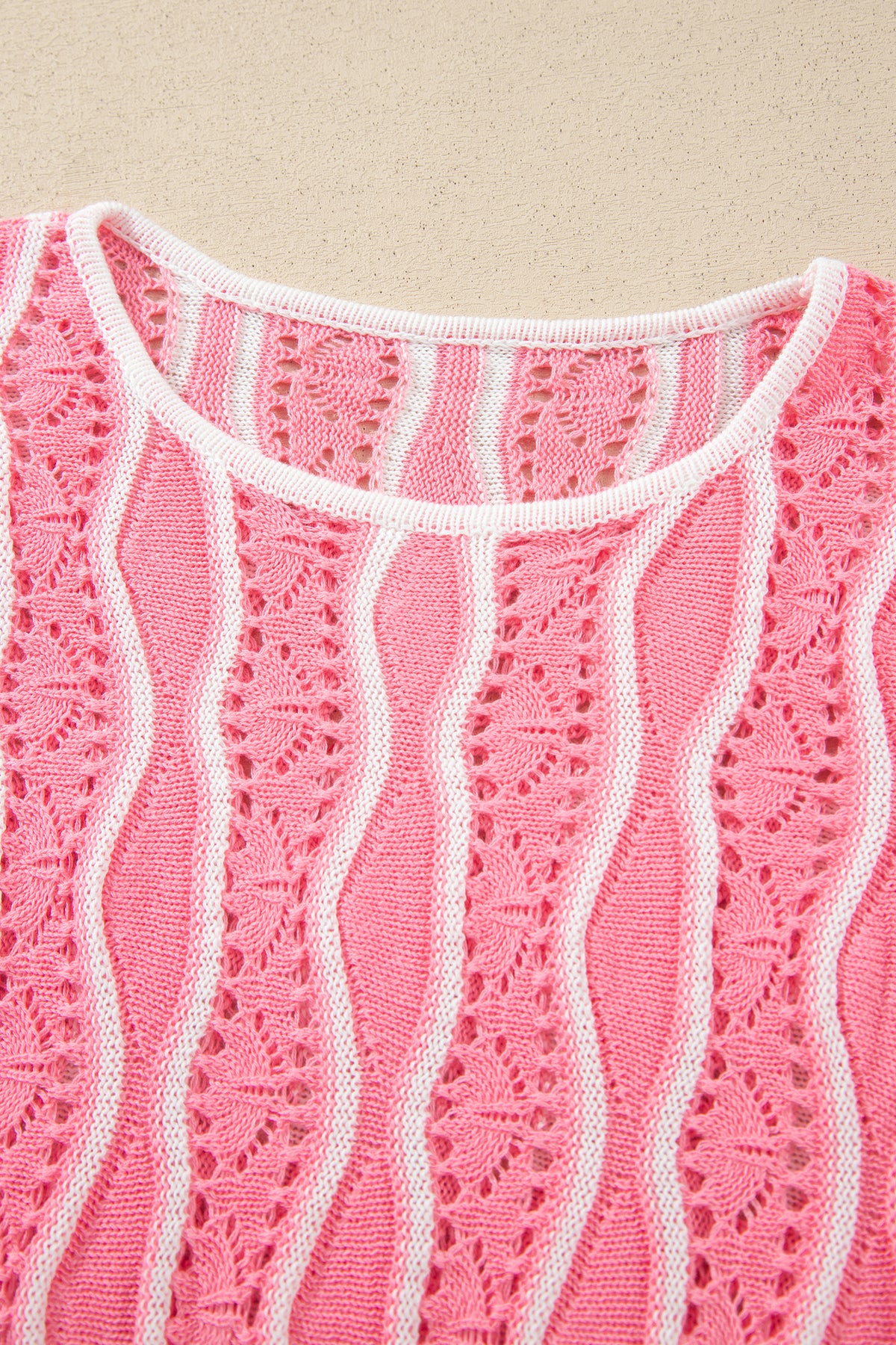 Wavy Detail Hollow Out Knit Long Sleeve Cotton Pullover Sweater