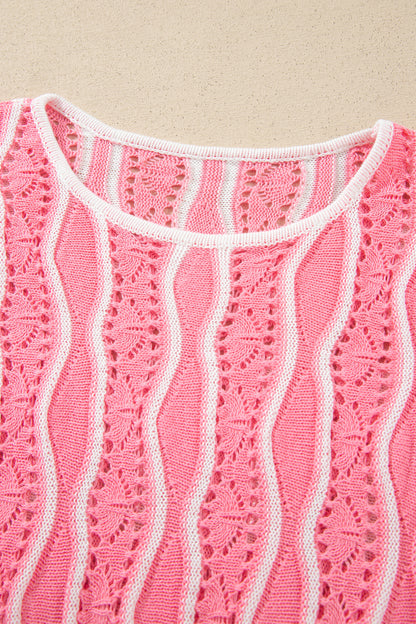Wavy Detail Hollow Out Knit Long Sleeve Cotton Pullover Sweater