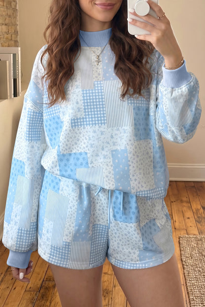 Patchwork Floral Print Drop Shoulder Baggy Pullover Drawstring Shorts Set