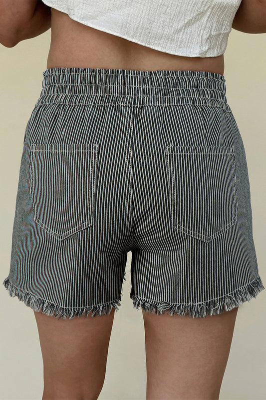 Raw Edge Drawstring Elastic Waist Casual Denim Shorts
