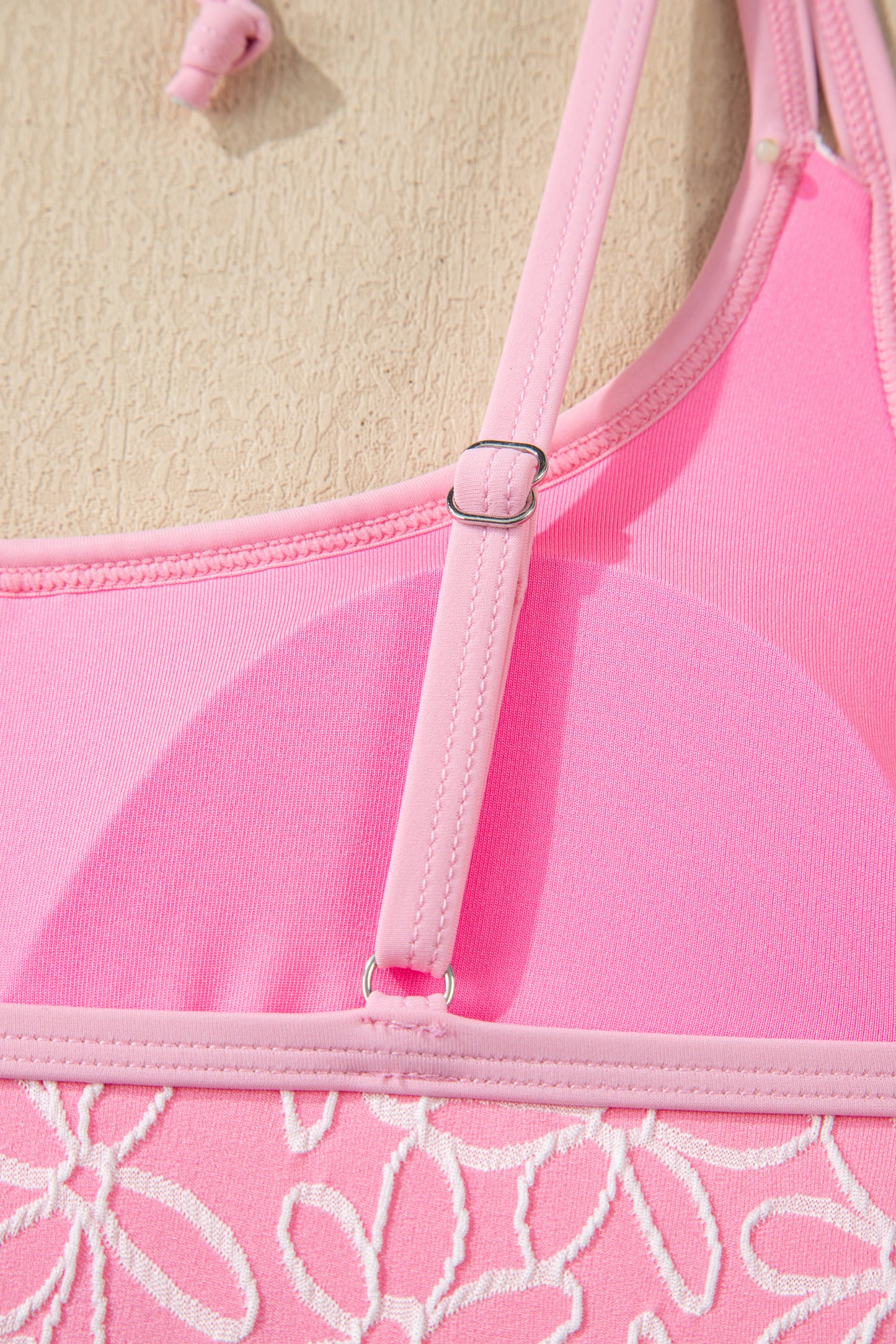 Pink Corded Flower Texture Spaghetti Straps Halterneck One Piece Swimsuit