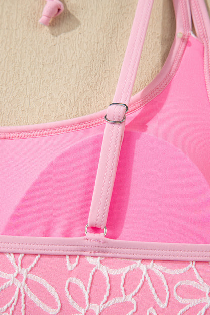 Pink Corded Flower Texture Spaghetti Straps Halterneck One Piece Swimsuit