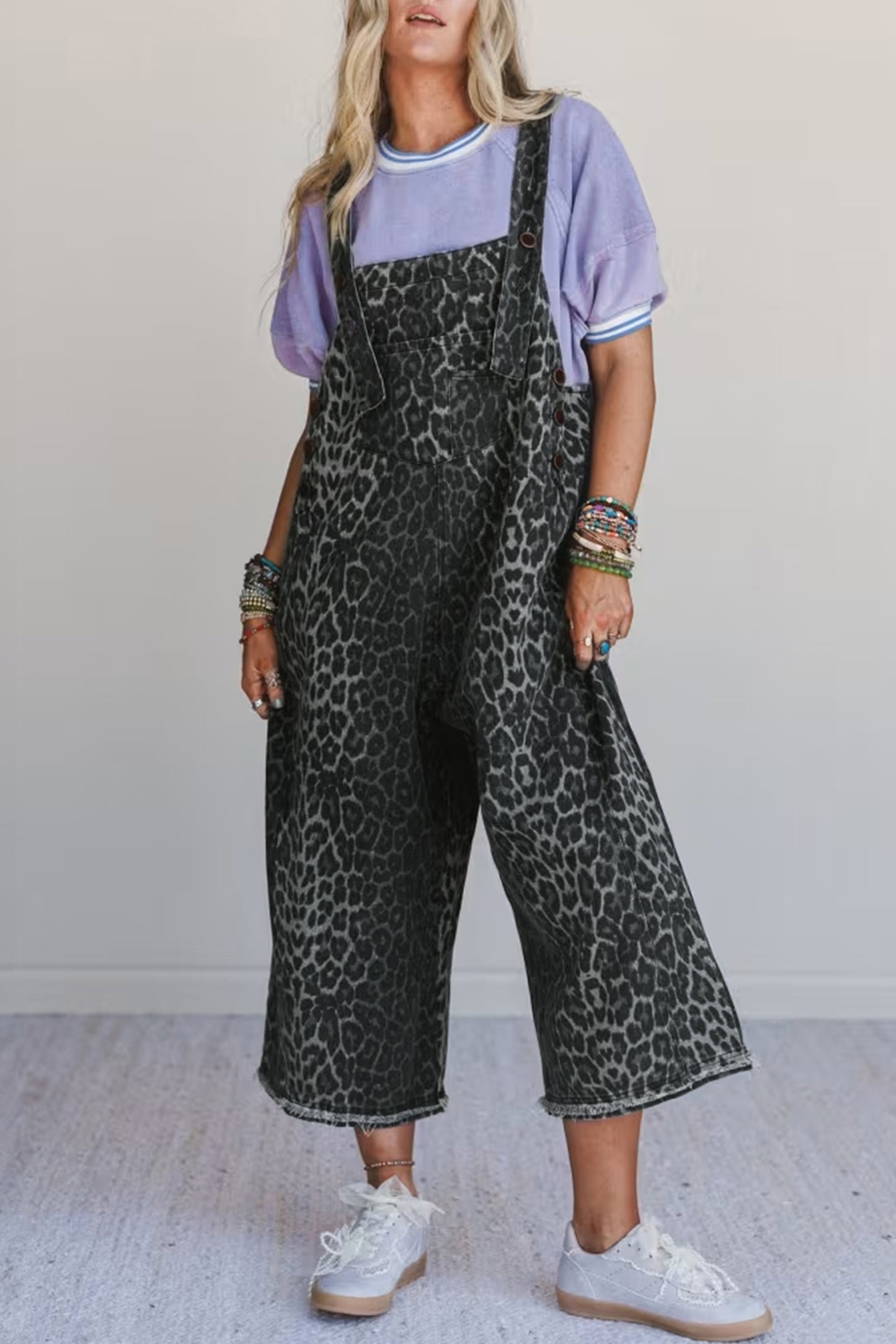 Gray Leopard Print Button Adjustable Straps Cropped Loose Denim Overalls