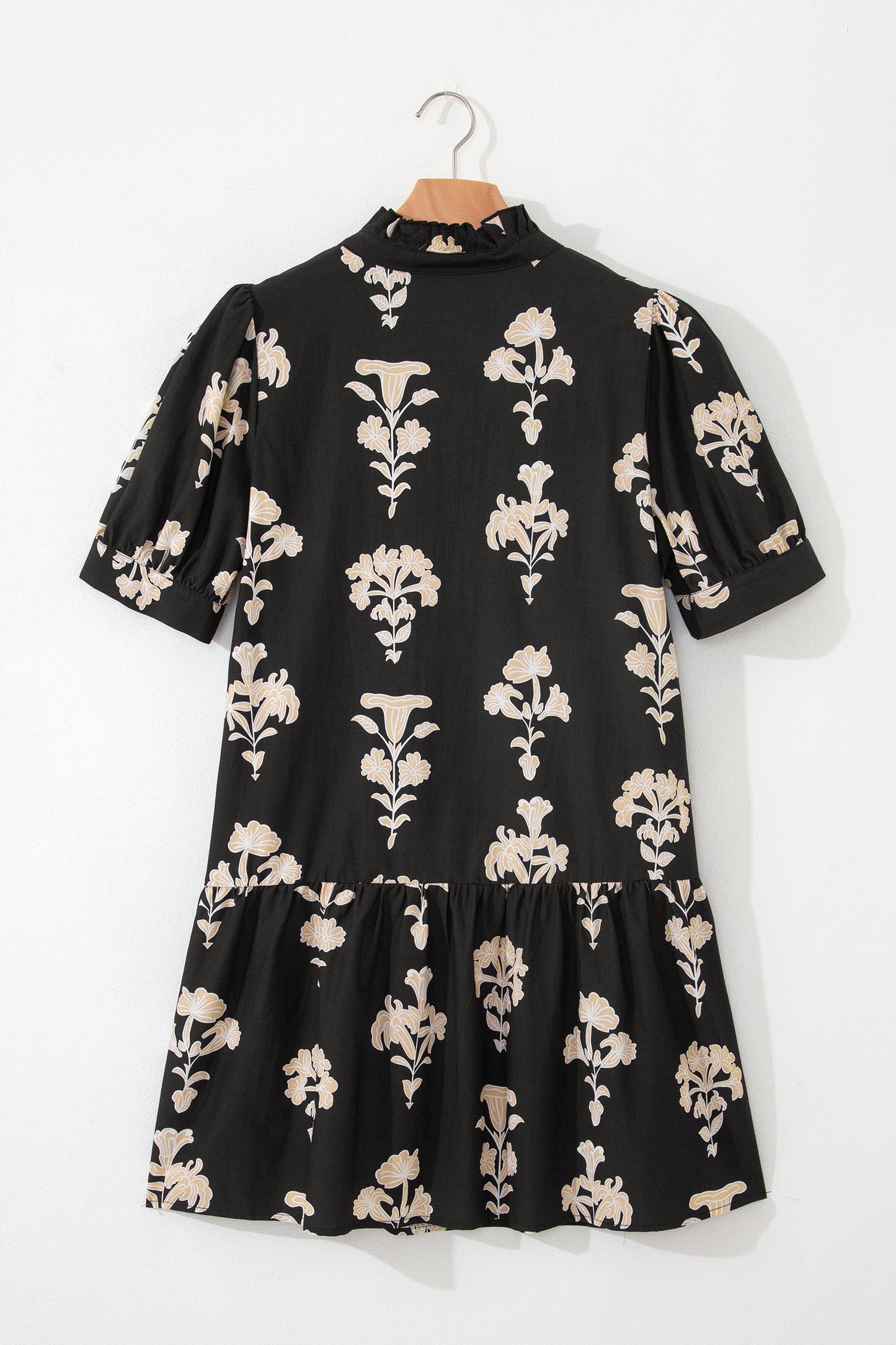 Frilled V Neck Puff Short Sleeve Floral Mini Dress