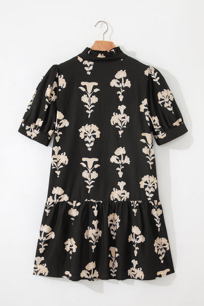 Frilled V Neck Puff Short Sleeve Floral Mini Dress