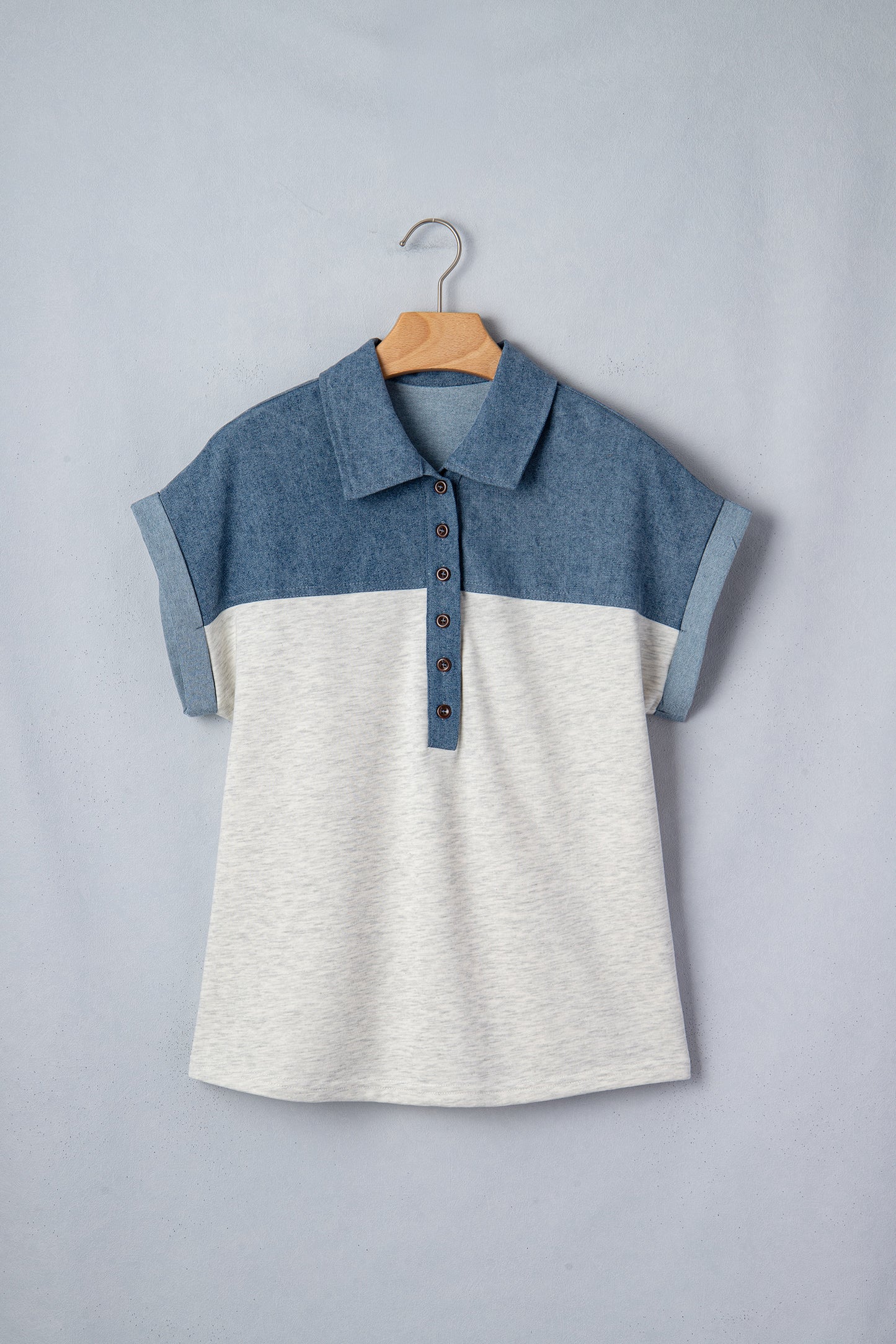 Light Grey Color Block Denim Patchwork Button Polo Collar Short Sleeve Top