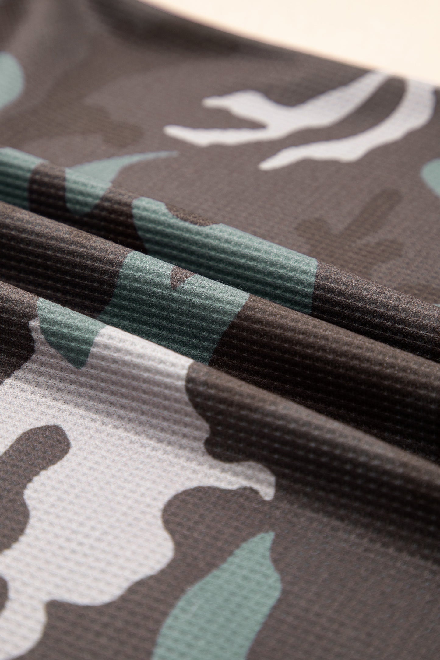 Green Camouflage Print Textured Drop Shoulder Long Sleeve Top