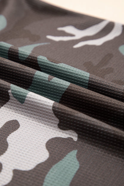 Green Camouflage Print Textured Drop Shoulder Long Sleeve Top