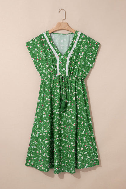 Green Abstract Print Embroidered Trim V Neck Drawstring High Waist Loose Vacation Dress