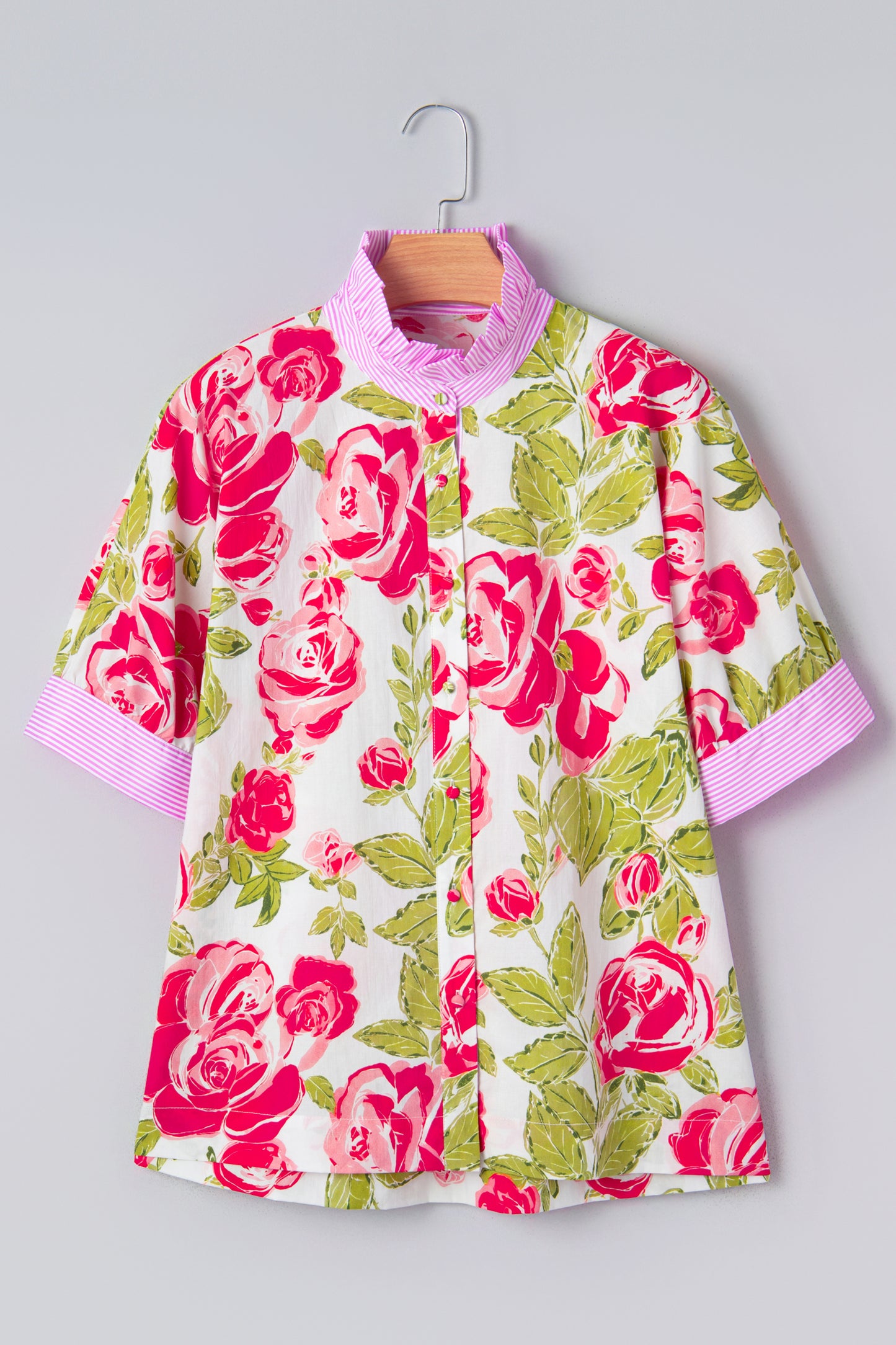Pink Flower Print Striped Trim Frilled Collar Short Sleeve Shirt