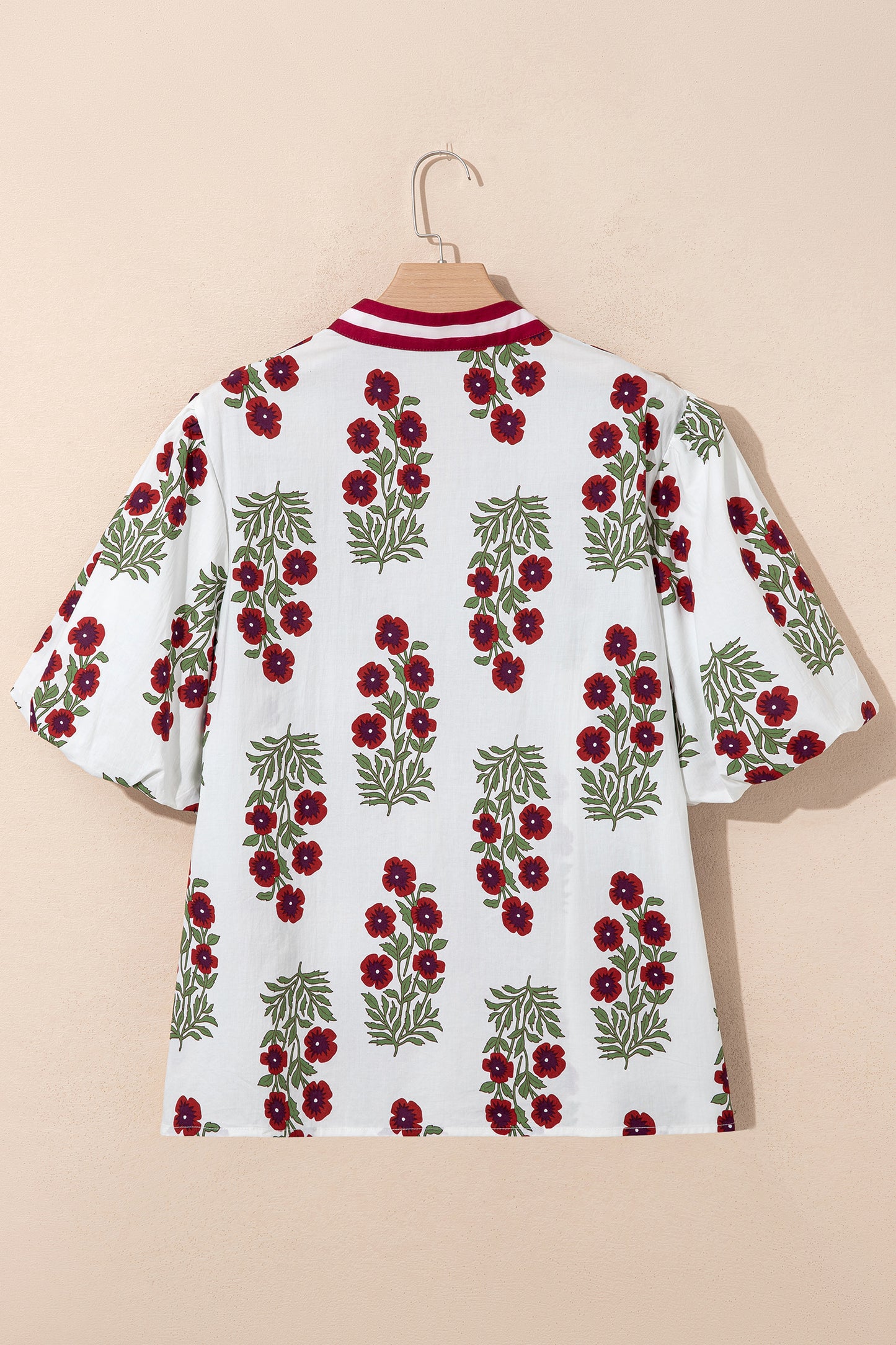 Plus Size Floral Print Ricrac Striped Trim Short Sleeve Cotton Blouse
