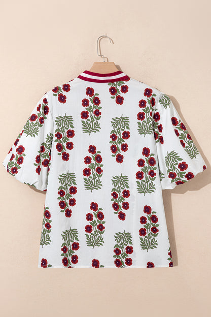 Plus Size Floral Print Ricrac Striped Trim Short Sleeve Cotton Blouse