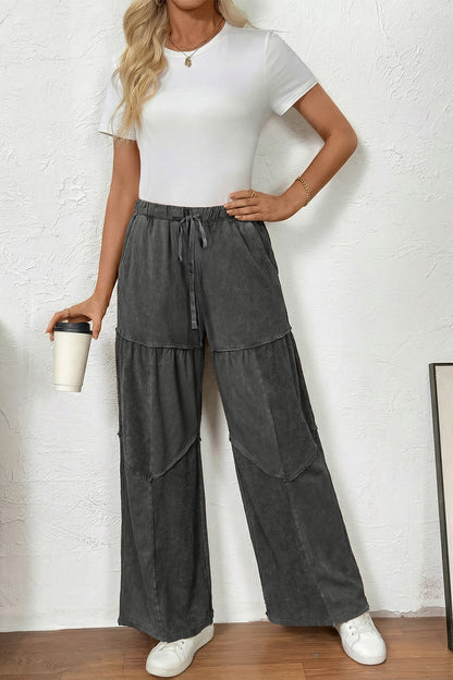 Wild Ginger Careys Mineral Wash Tiered Wide Leg Patchwork Drawstring Pants