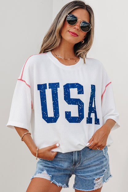 USA Graphic Half Sleeve Loose Ribbed Top