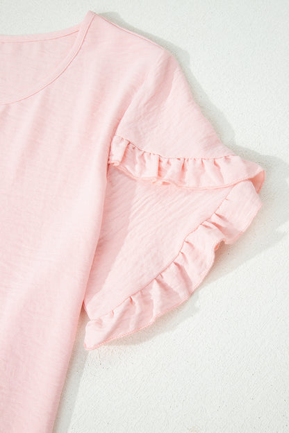 Solid Color Ruffle Trim Short Sleeve Blouse