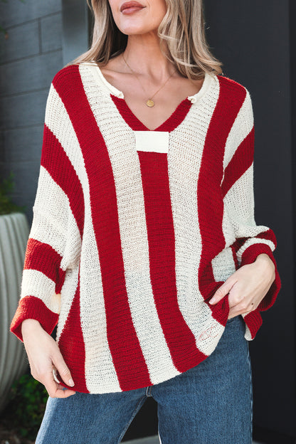 Brown Stripe Colorblock V Neck Bracelet Sleeve Sweater