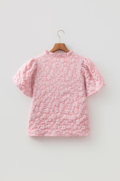 Floral Textured Jacquard Puff Sleeve Blouse