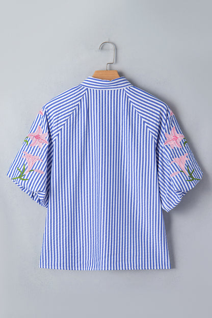 Sky Blue Stripe Lily Floral Embroidered Puff Sleeve Button Down Shirt
