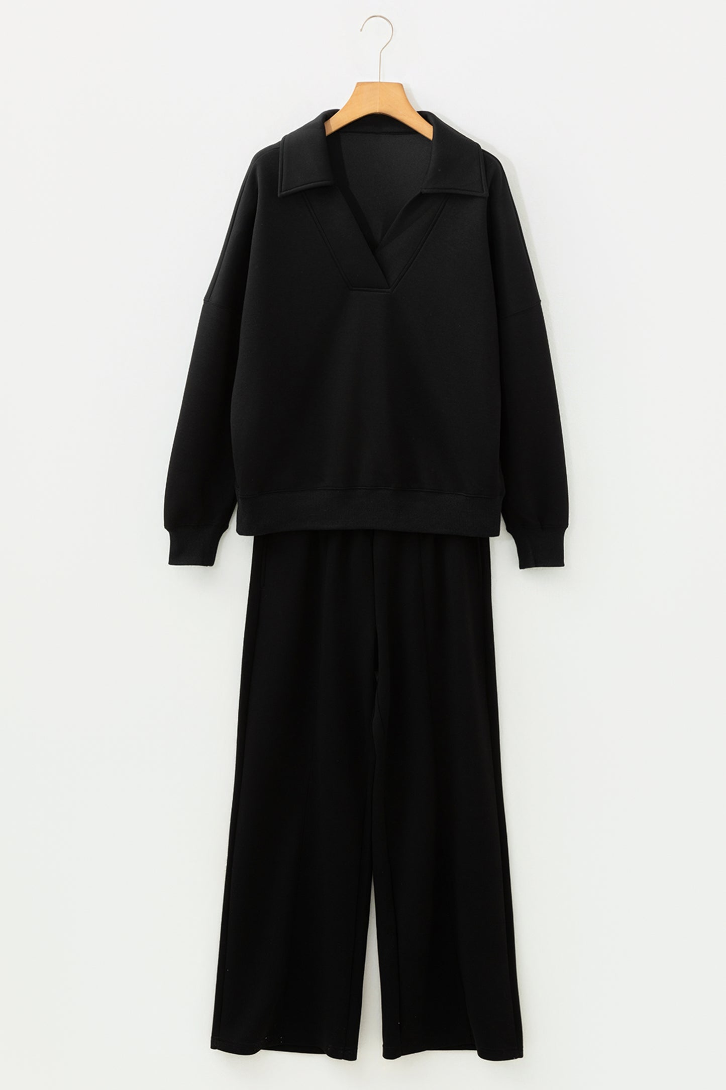 Bristol Black Collared V Neck Pullover Sweatshirt Sweatpants Set