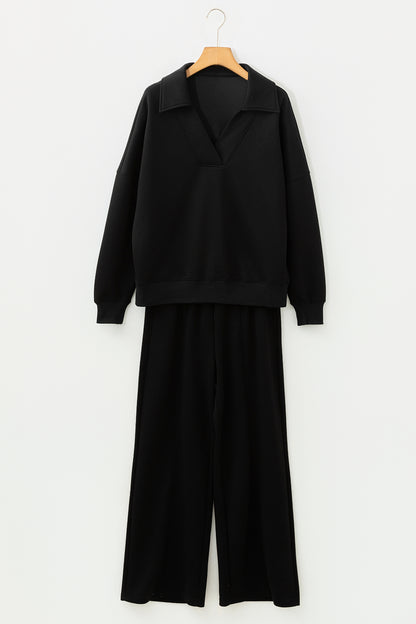 Bristol Black Collared V Neck Pullover Sweatshirt Sweatpants Set