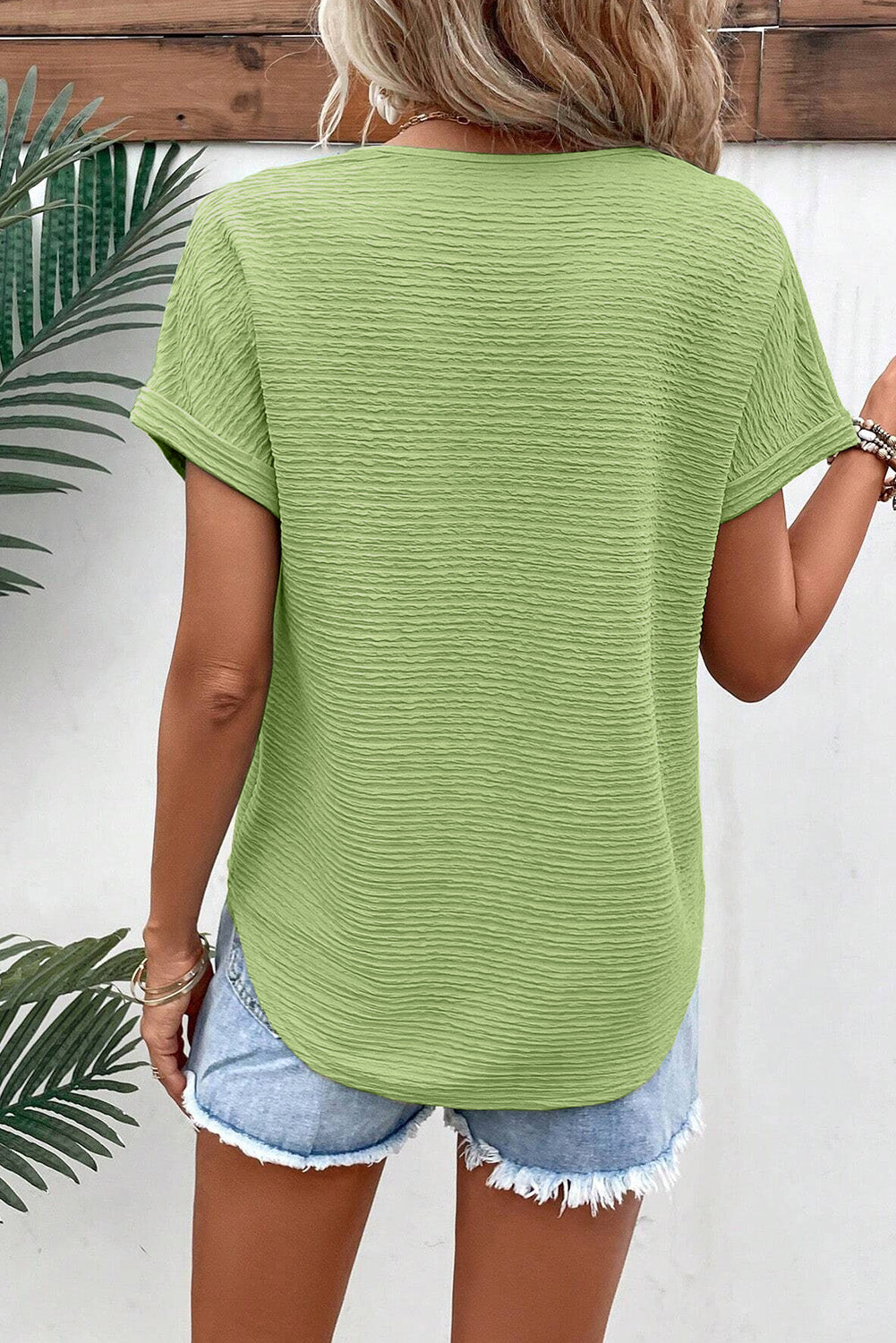 Grass Green Textured Wide Sleeve V Neck T Shirt