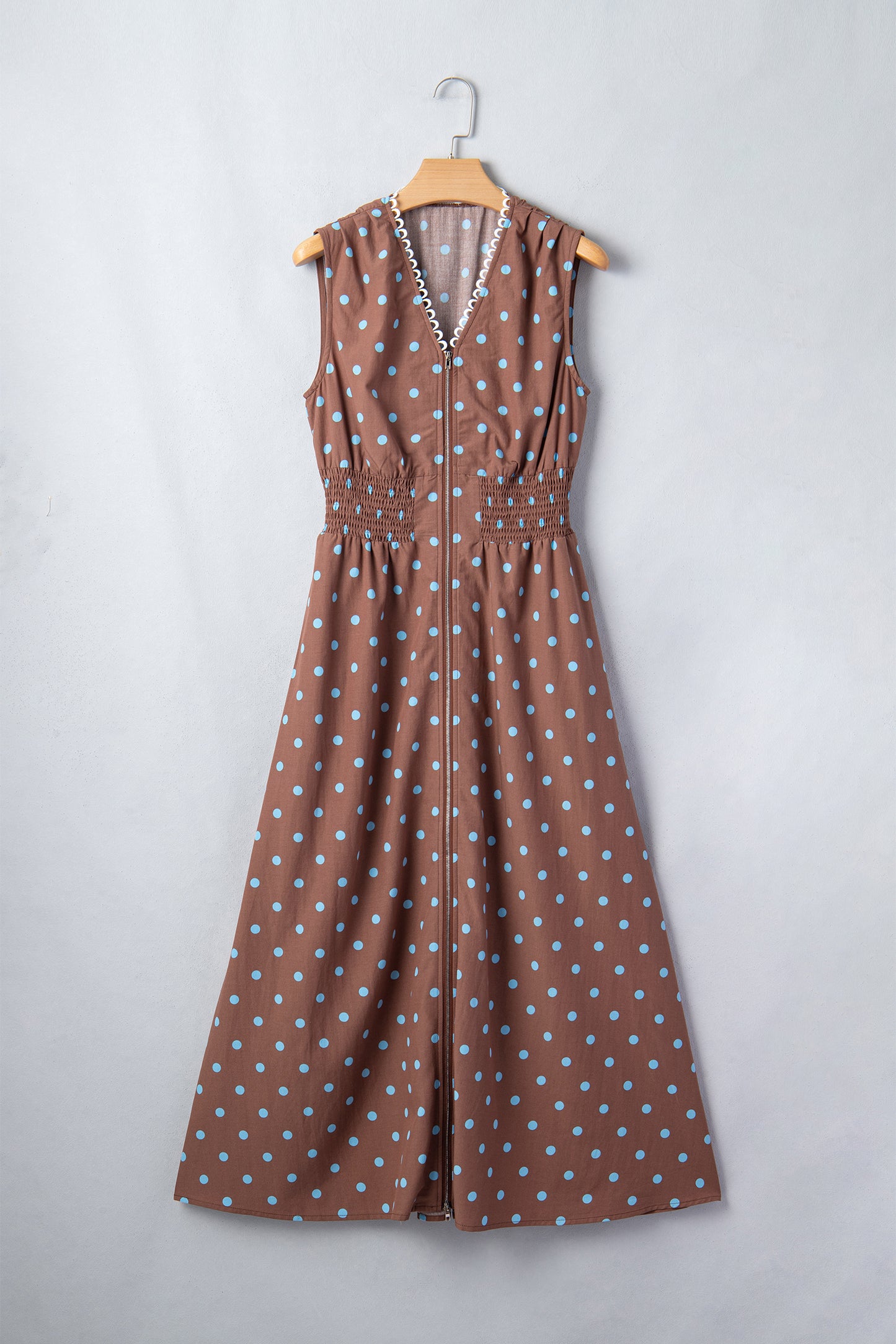 Polka Dot Print Contrast Trim V Neck Zip Up Sleeveless Dress