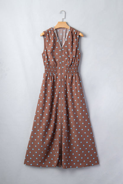 Polka Dot Print Contrast Trim V Neck Zip Up Sleeveless Dress