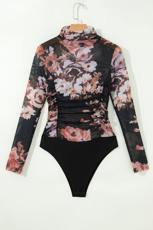 Brown Floral Mesh Long Sleeve High Neck Bodysuit