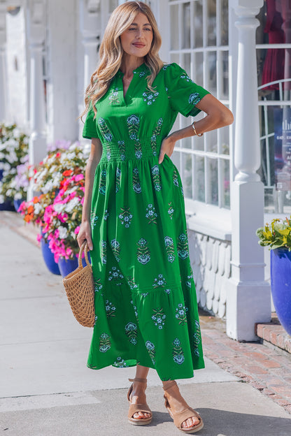 Floral Print Split Neck Shirred High Waist Ruffle Hem Maxi Dress