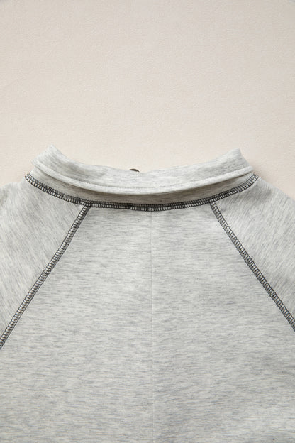 Light Grey Half Zip Stand Neck Seam Detail Long Sleeve Top